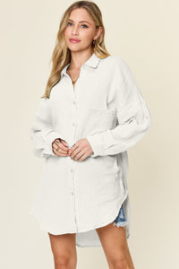 Double Take Textured Color Block Button Down Shirt