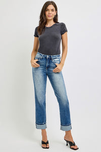 RISEN High Rise Crop Straight Leg Blue Denim Jeans