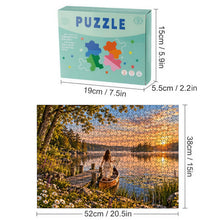 Carica l'immagine nel visualizzatore di Gallery, Uncharted 500 piece wooden jigsaw puzzle featuring a woman stepping into a boat with a map on a peaceful lake at sunrise.
