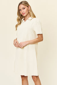 Double Take Solid Color Textured Collared Short Sleeve Dress