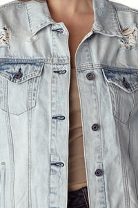 RISEN Distressed Button Up Blue Denim Jacket