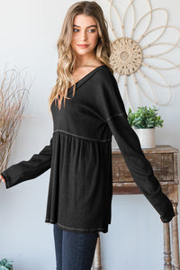 Heimish Black Long Sleeve Ribbed Knit Babydoll Top