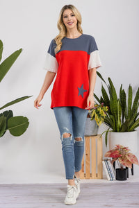 Celeste Solid Color Block Contrast Star Patch Ribbed Knit Top