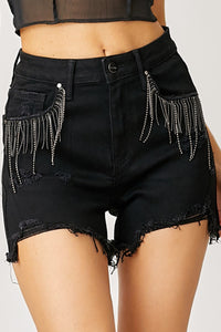 RISEN Fringe Detail Frayed Hem Black Denim Shorts