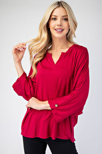 Celeste Red Notched Three-Quarter Sleeve Top