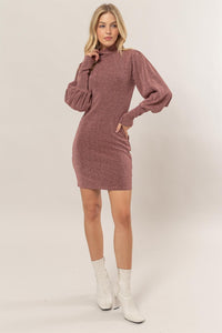 HYFVE Rose Glitter Mock Neck Long Sleeve Mini Dress