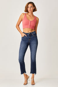 Risen Frayed Hem Cropped Blue Denim Straight Leg Jeans