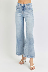 RISEN Tummy Control Blue Washed Denim Cropped Wide Leg Jeans