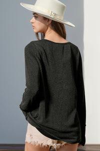 Double Take Solid Color Notched Thumbhole Long Sleeve Top