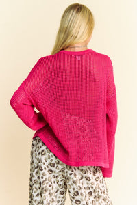 Davi & Dani Star Pink Front Crochet Drop Shoulder Knit Top