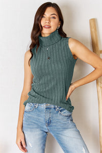 Basic Bae Solid Color Ribbed Knit Turtleneck Tank Top