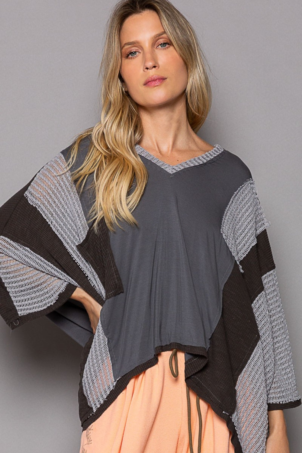 POL Charcoal Color Block Oversized Relaxed Top