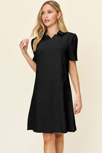 Double Take Solid Color Textured Collared Short Sleeve Dress