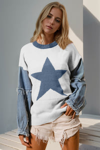 Double Take Star Knit Denim Contrast Top