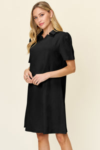 Double Take Solid Color Textured Collared Short Sleeve Dress