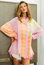 Load image into Gallery viewer, BiBi Plaid Color Block Raw Hem Button Down Shirt
