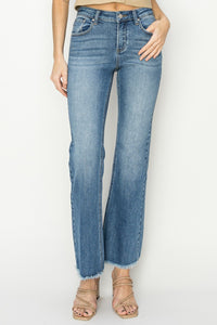 RISEN Mid-Rise Raw Frayed Hem Blue Denim Bootcut Jeans