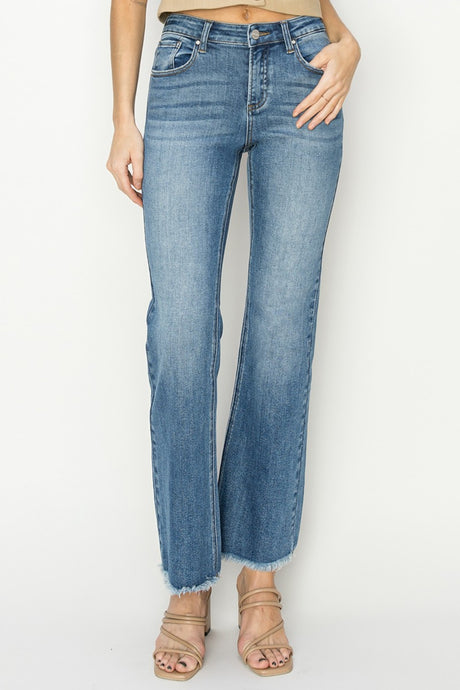 RISEN Mid-Rise Raw Frayed Hem Blue Denim Bootcut Jeans