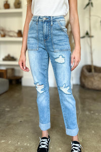 Judy Blue Distressed Patch Pocket Straight Leg Blue Washed Denim Jeans