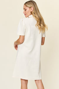 Double Take Solid Color Textured Collared Short Sleeve Dress