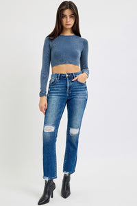 RISEN High Rise Distressed Crop Straight Leg Blue Denim Jeans