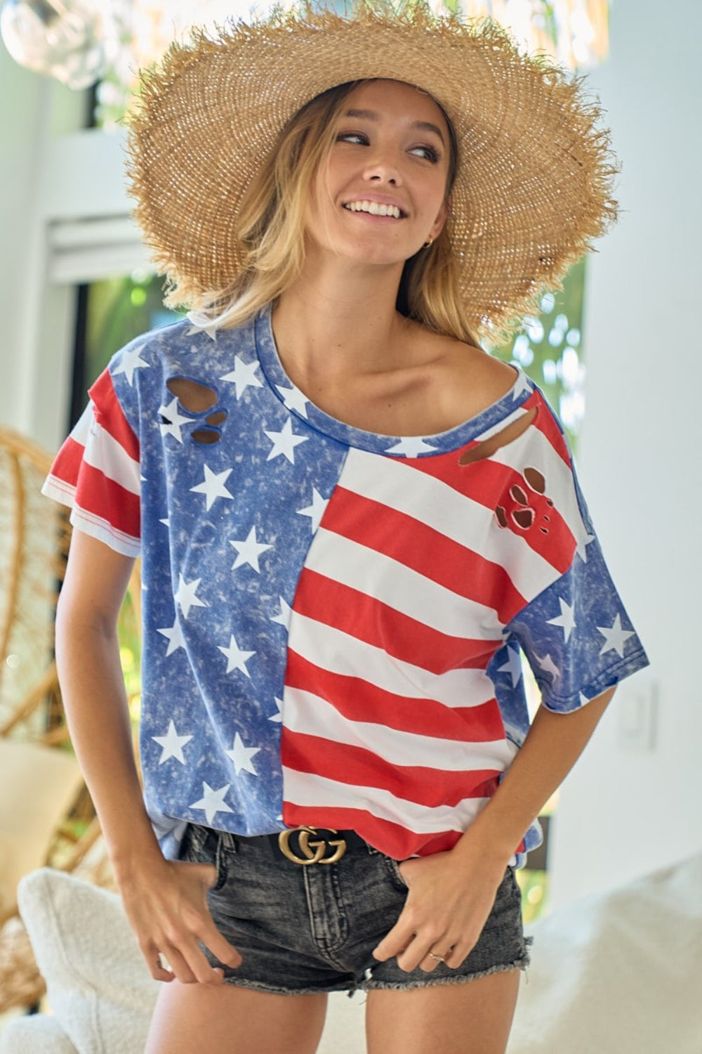 BiBi American Flag Distressed Short Sleeve Top