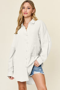 Double Take Textured Color Block Button Down Shirt