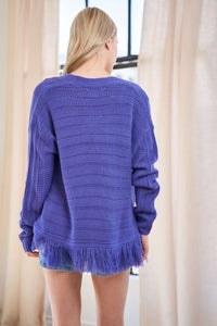 Davi & Dani Purple Button Down Fringe Detailed Cardigan