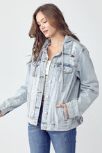 Ladda upp bild till gallerivisning, RISEN Distressed Blue Denim Jacket Knit Hoodie
