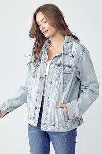 RISEN Distressed Blue Denim Jacket Knit Hoodie