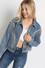 Ladda upp bild till gallerivisning, Sweet Generis Washed Rhinestone Fringe Cropped Denim Jacket
