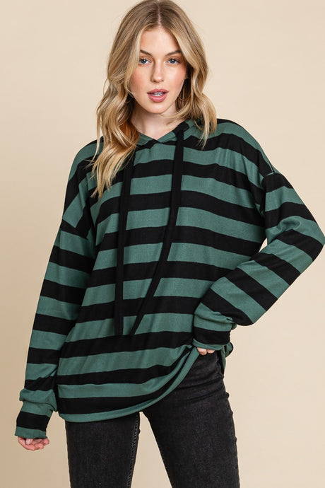 BOMBOM Drawstring Striped Dropped Shoulder Hoodie Top