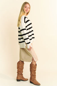 Davi & Dani Striped Notched Johnny Collar Sweater