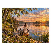Carica l'immagine nel visualizzatore di Gallery, Uncharted 500 piece wooden jigsaw puzzle featuring a woman stepping into a boat with a map on a peaceful lake at sunrise.

