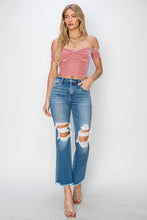 Load image into Gallery viewer, RISEN Mid Rise Distressed Cropped Blue Denim Flared Leg Jeans
