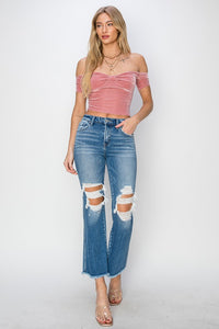 RISEN Mid Rise Distressed Cropped Blue Denim Flared Leg Jeans