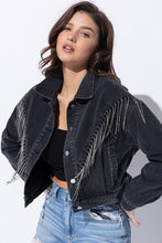 Ladda upp bild till gallerivisning, Sweet Generis Washed Rhinestone Fringe Cropped Denim Jacket
