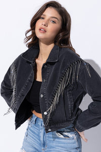 Sweet Generis Washed Rhinestone Fringe Cropped Denim Jacket