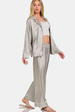 Carregar imagem no visualizador da galeria, Zenana Silver Satin Long Sleeve Shirt and Pants Loungewear Set
