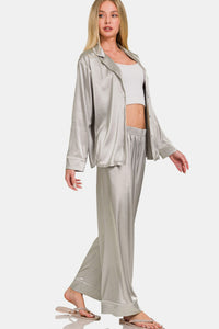 Zenana Silver Satin Long Sleeve Shirt and Pants Loungewear Set