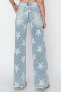 RISEN Star Pattern Raw Hem Wide Leg Blue Denim Jeans