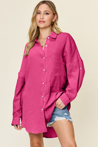 Double Take Textured Color Block Button Down Shirt