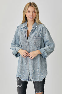 RISEN Distressed Raw Hem Blue Denim Shirt