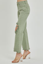 Load image into Gallery viewer, RISEN Distressed Chewed Raw Hem Flared Leg Green Denim Jeans
