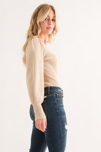 And The Why Beige Puffy Sleeve Rib Knit Bodysuit