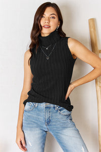 Basic Bae Solid Color Ribbed Knit Turtleneck Tank Top