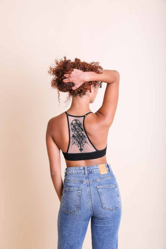 Leto Art Deco Tattoo Mesh Racerback Bralette