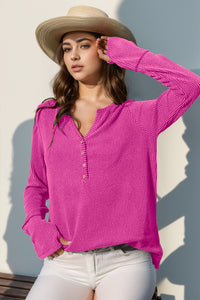 Double Take Solid Color Notched Thumbhole Long Sleeve Top