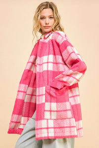 Davi & Dani Pink Plaid Open Front Longline Jacket