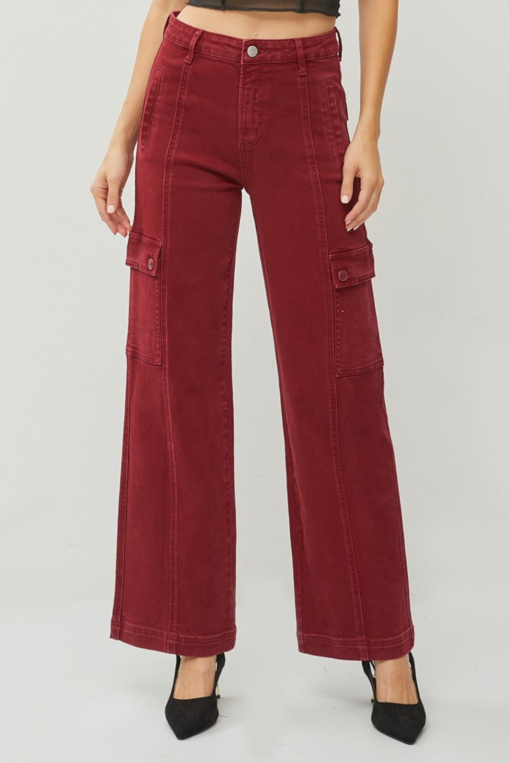 RISEN High Rise Wide Leg Cargo Red Denim Jeans